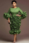 Green Round Neck Flare 3/4 Sleeve 3D Ruffle Satin Midi Dresses
