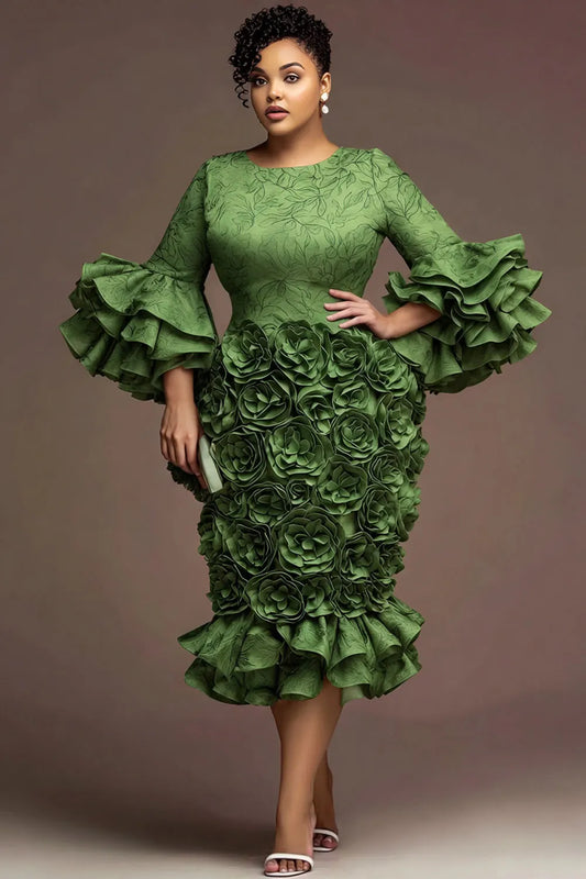 Green Round Neck Flare 3/4 Sleeve 3D Ruffle Satin Midi Dresses