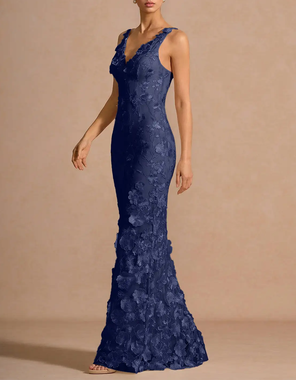 Navy Blue Chiffon Lace Embroidered Halter Fishtail Maxi Dress
