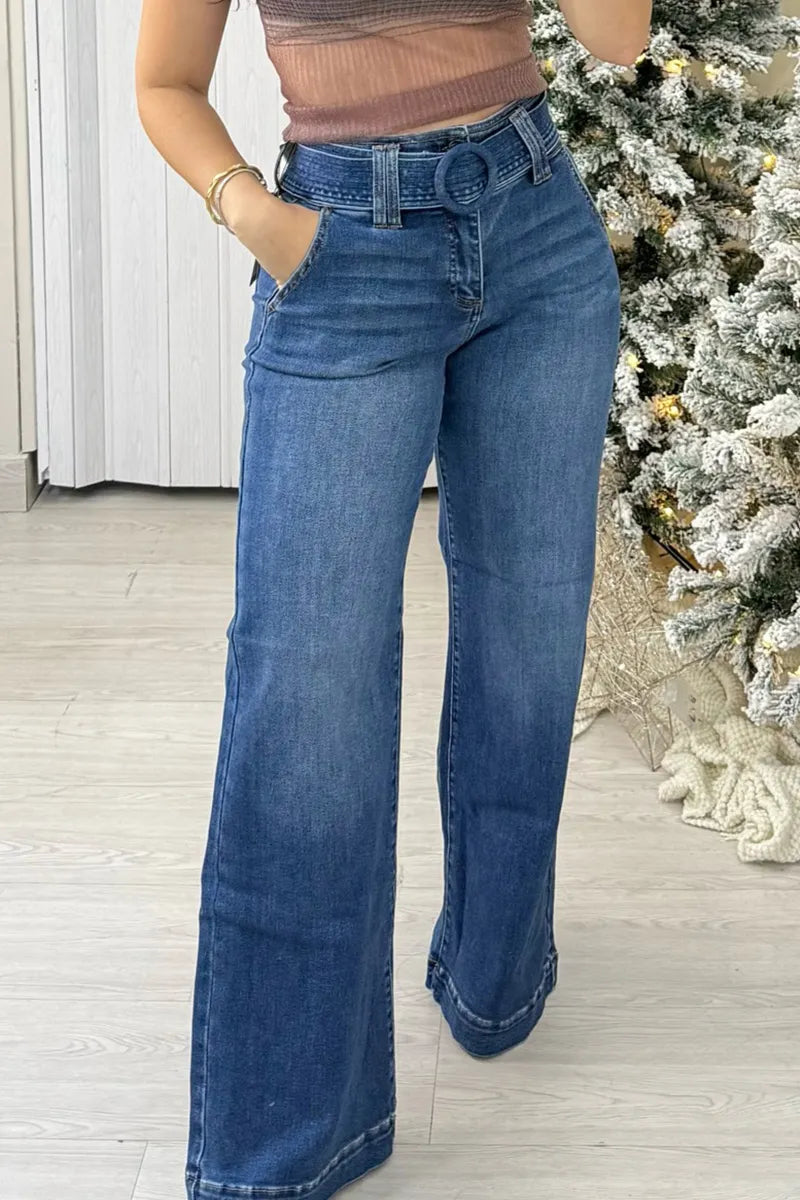 Women's Retro Style Wide Leg Belted Jeans