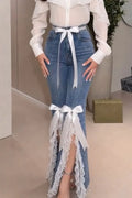 Women's Elegant Sweet Bow Mesh Hem Jeans
