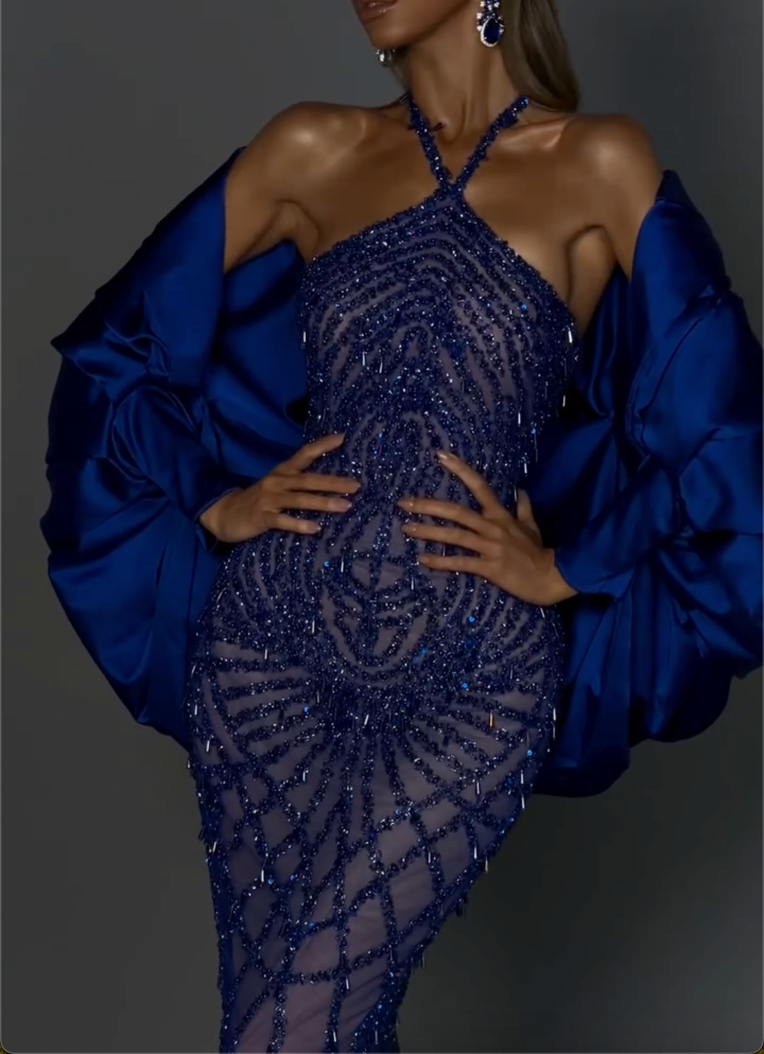 Royal Blue Beaded Halter Neck Mermaid Maxi Evening Dress, Formal Prom Gown
