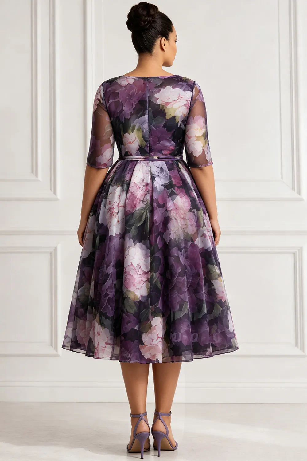 Wedding Guest Purple Floral Round Neck Short Sleeve Chiffon Midi Dresses [Pre-Order]
