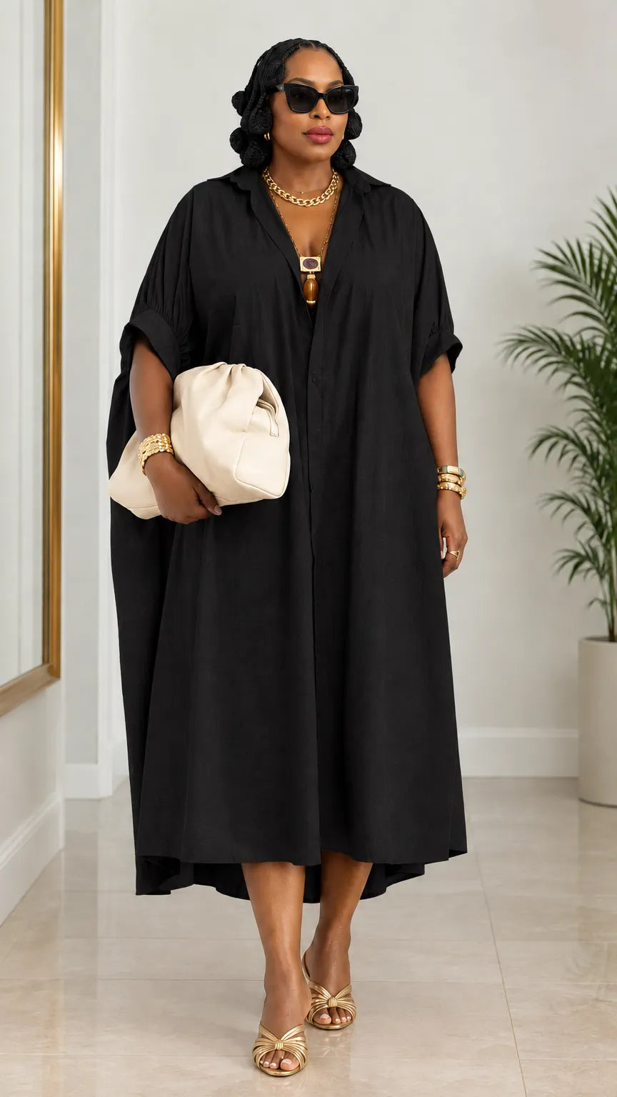 Women's Oversized Lapel Collar Kaftan Shirt Dress Ruched Sleeve Midi Dress