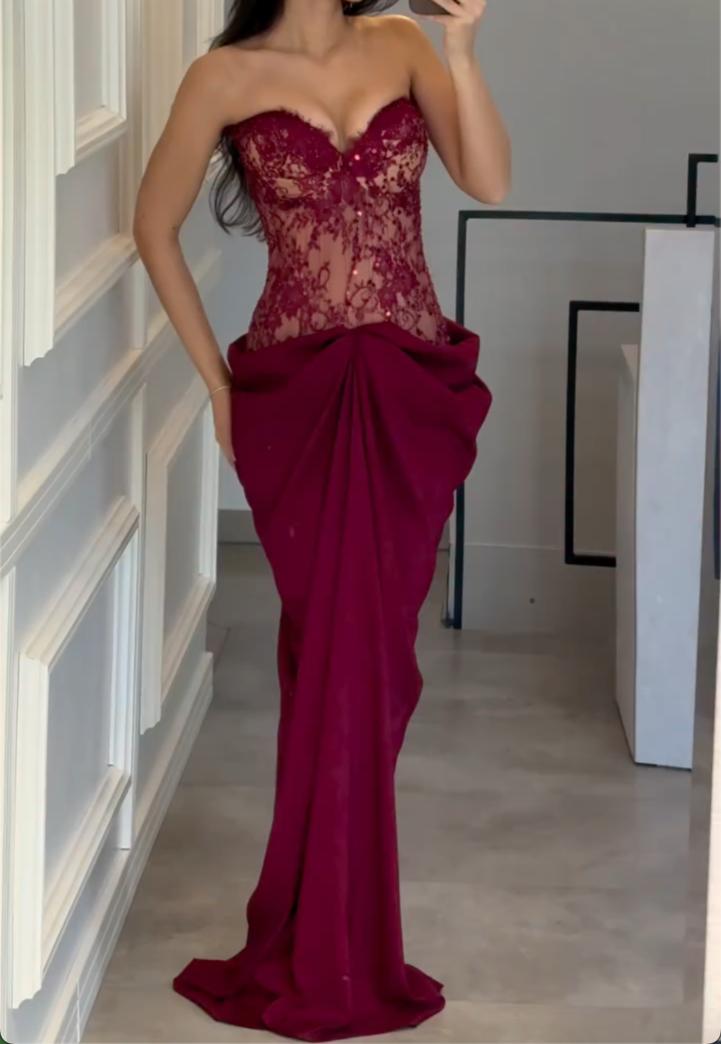Burgundy Strapless Lace Beaded Draped Mermaid Maxi Evening Dress Formal Prom Gown