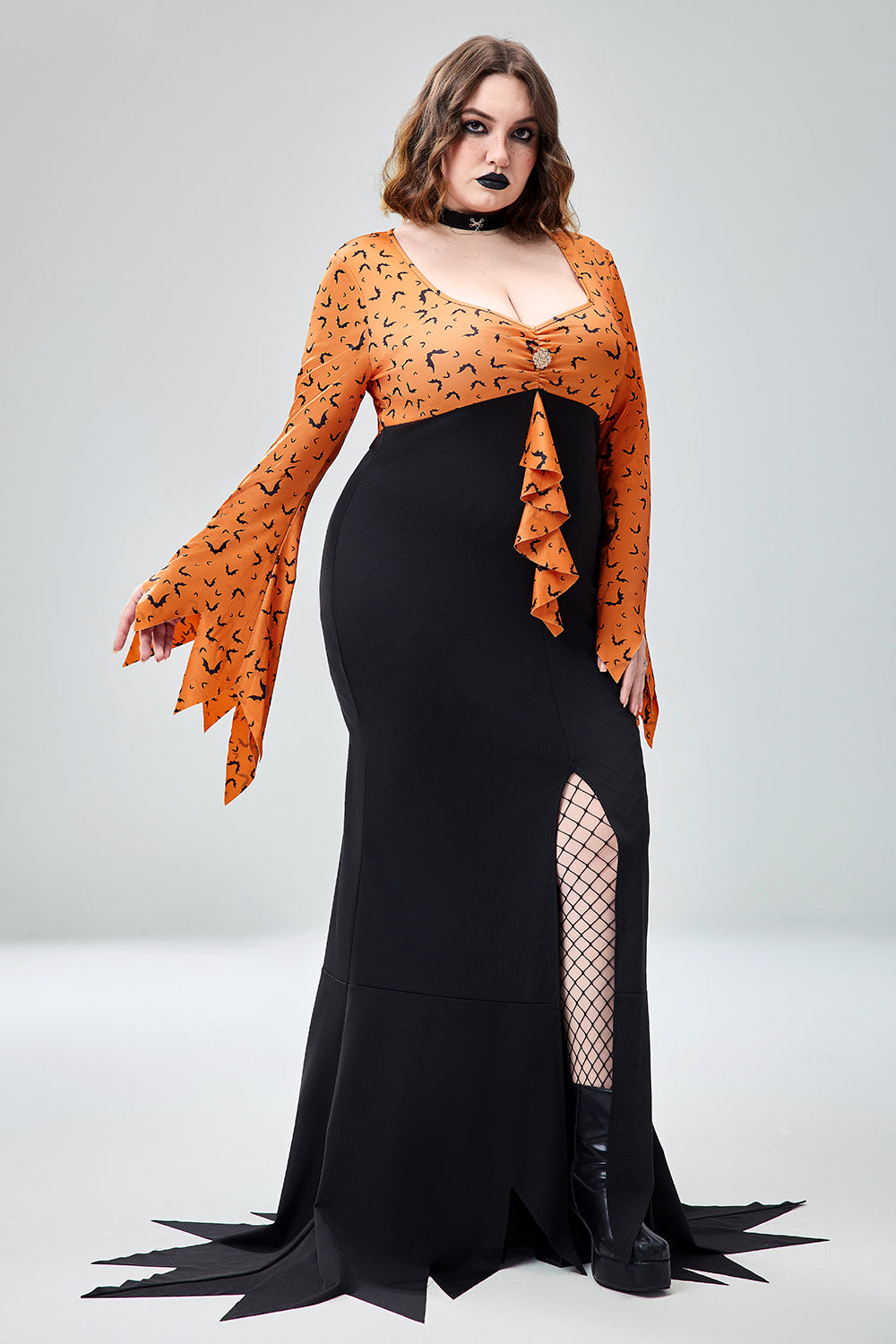 Halloween Costume Orange Bat Print Evil Queen Knitted Maxi Dress(Ships 24h)