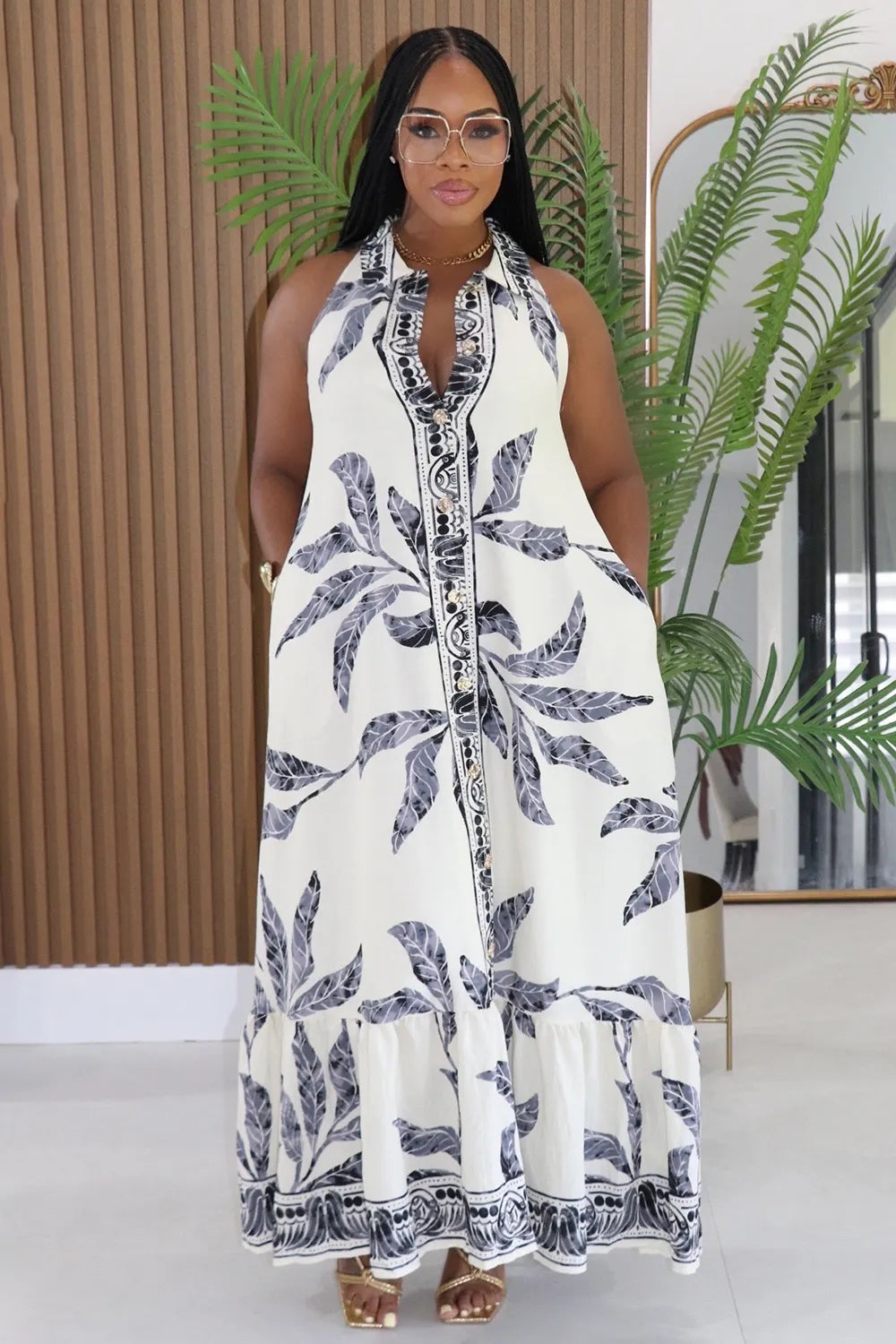 Floral V Neck Sleeveless Button Loose Fit Maxi Dresses-White [Pre Order]