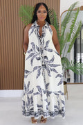 Floral V Neck Sleeveless Button Loose Fit Maxi Dresses-White [Pre Order]