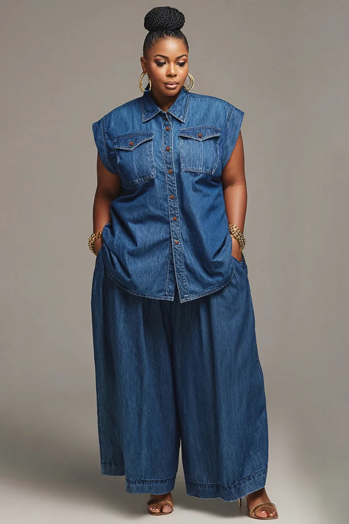 Xpluswear Design Plus Size Business Casual Blue Shirt Collar Pocket Denim Two Piece Pant Sets