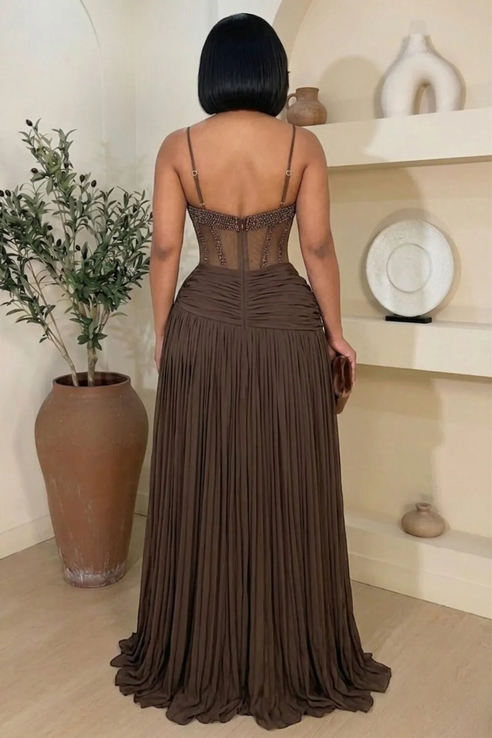 Cami Neck Rhinestone Mesh Patchwork Ruched Maxi Dresses-Brown [Pre Order]
