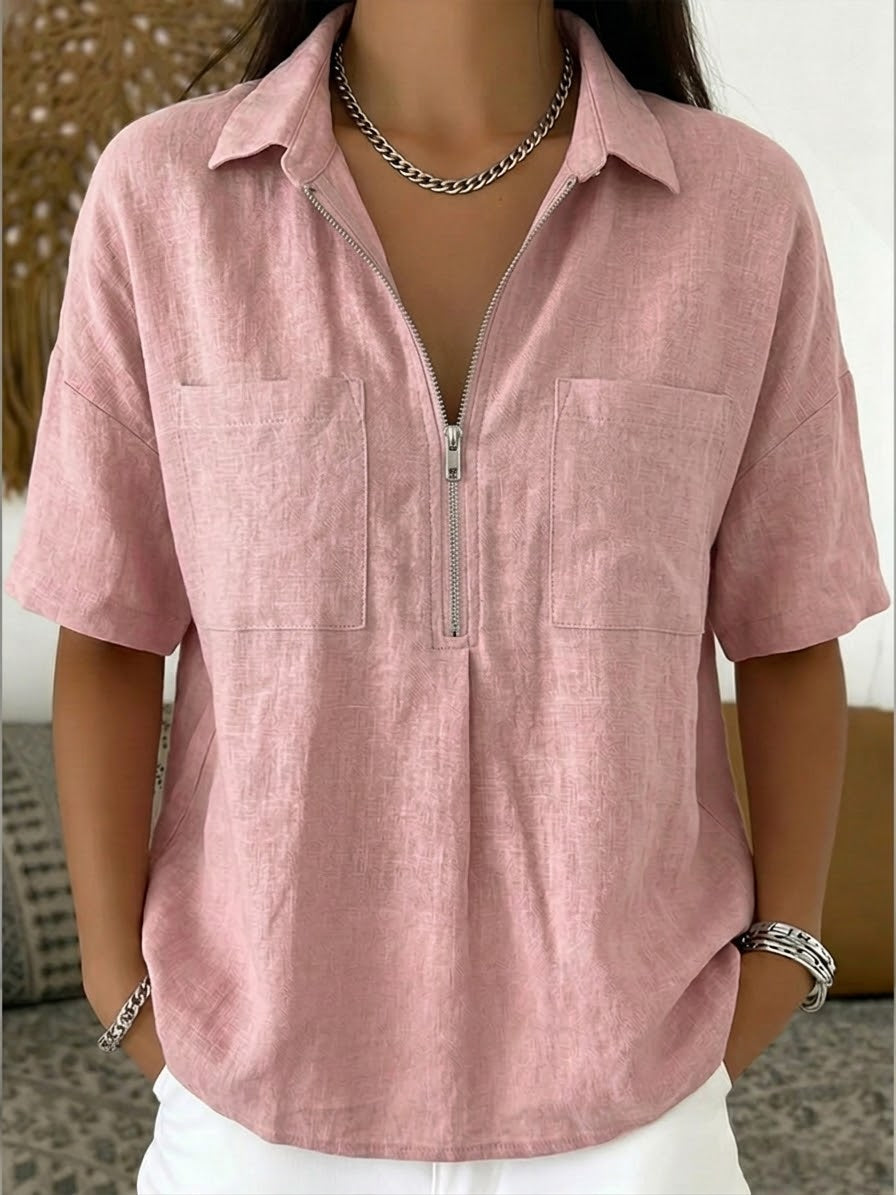 Casual Half-zip Linen And Cotton Shirt