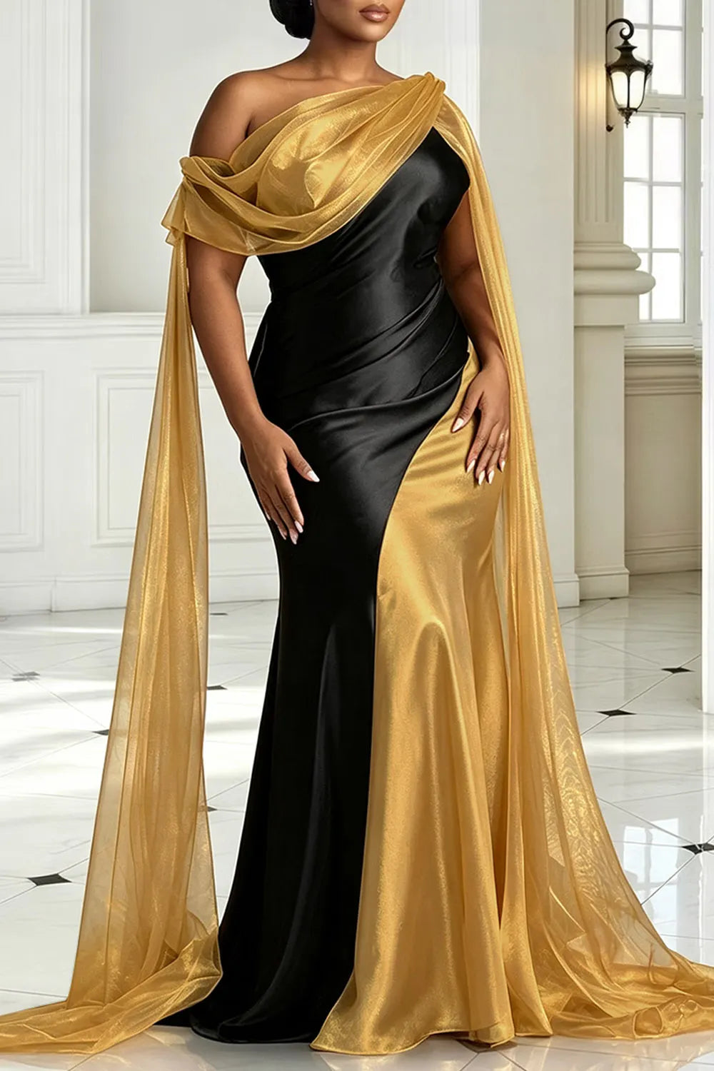 Organza Gold Oblique Collar Draped Contrast Satin Maxi Dresses [Pre-Order]