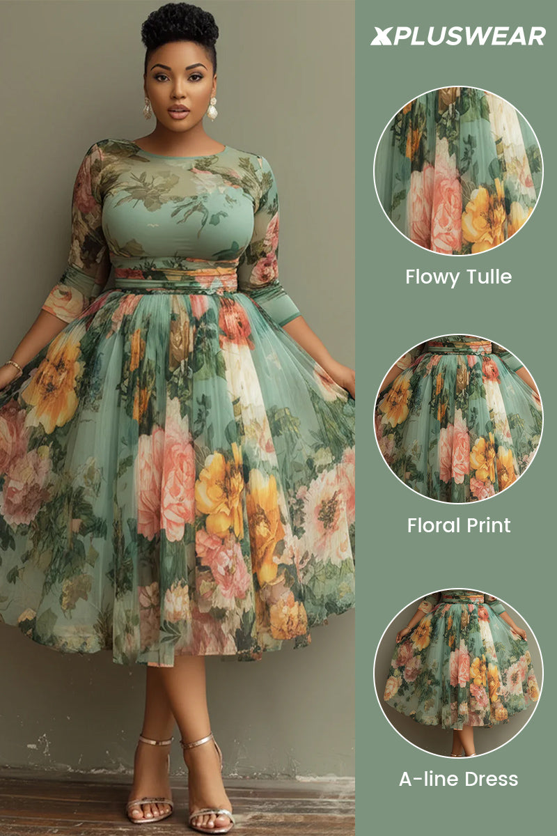 Vacation Sage Green Floral Round Neck 3/4 Sleeve See Through Tulle Midi Dresses