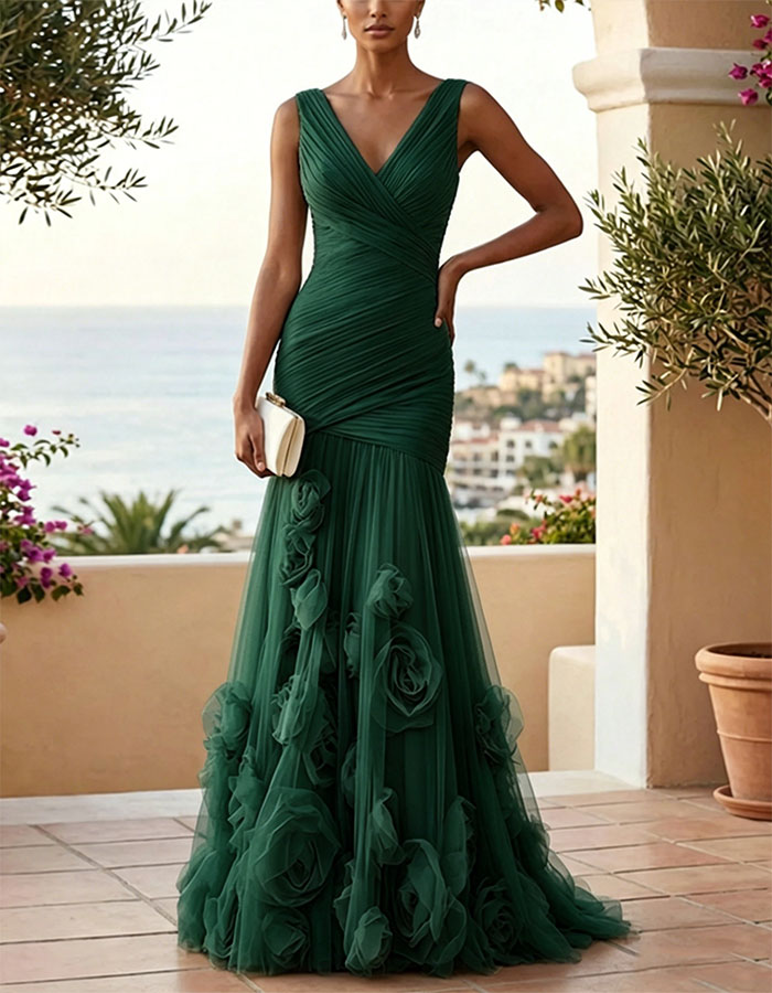 Solid Color V-neck 3D Rose Mesh Maxi Dress