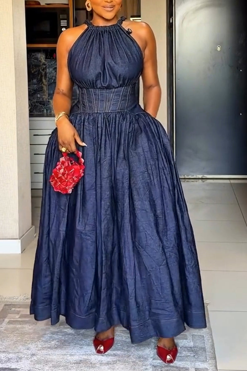 Women‘s Elegant Waist-Defined Denim Dress