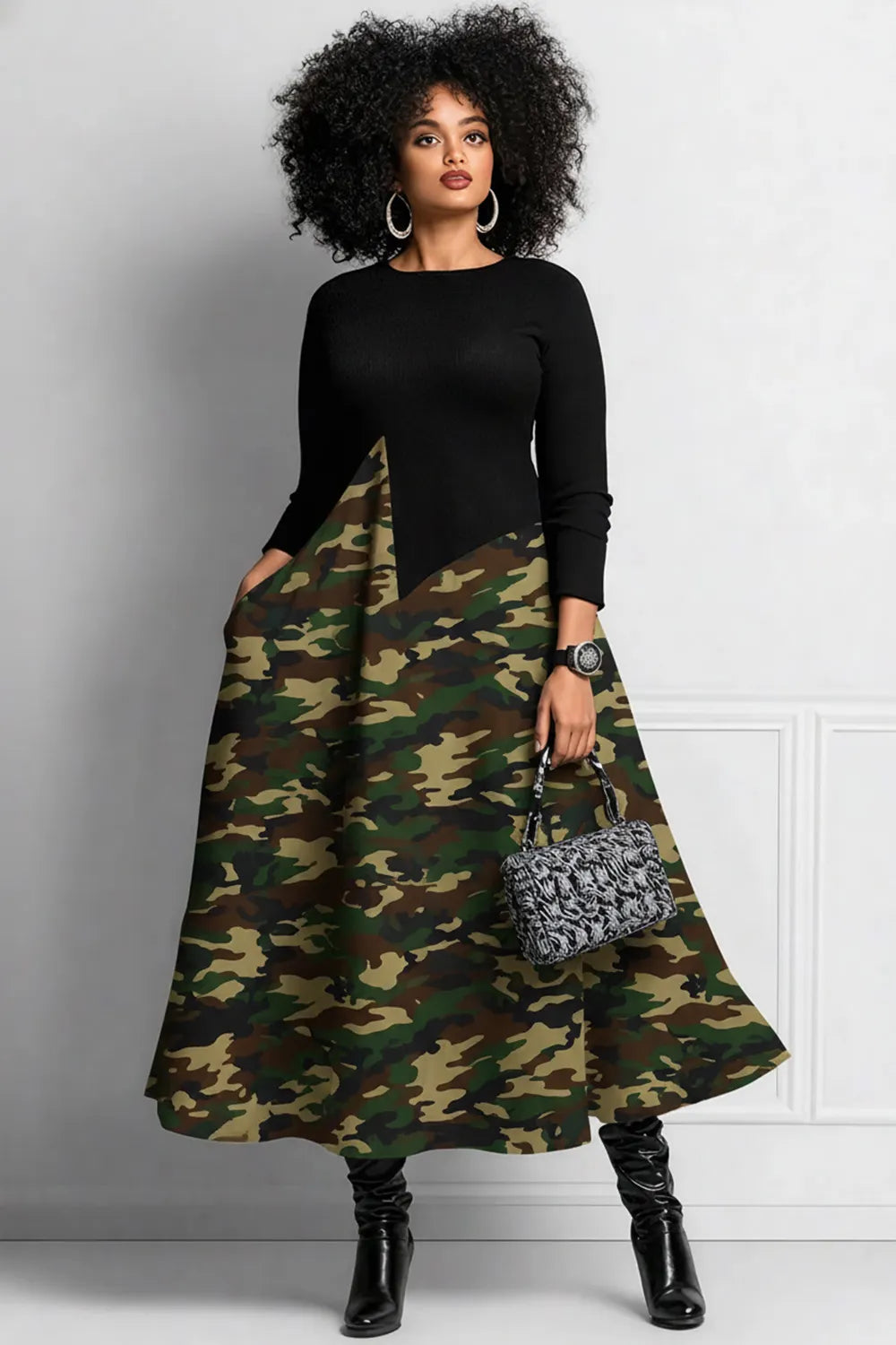 Daily Black Camo Round Neck Long Sleeve Pocket Elegant Midi Dresses
