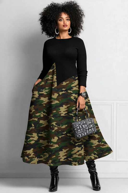 Daily Black Camo Round Neck Long Sleeve Pocket Elegant Midi Dresses