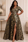 Gold Short Sleeve Pocket Split Satin Maxi Dresses [Pre-Order]