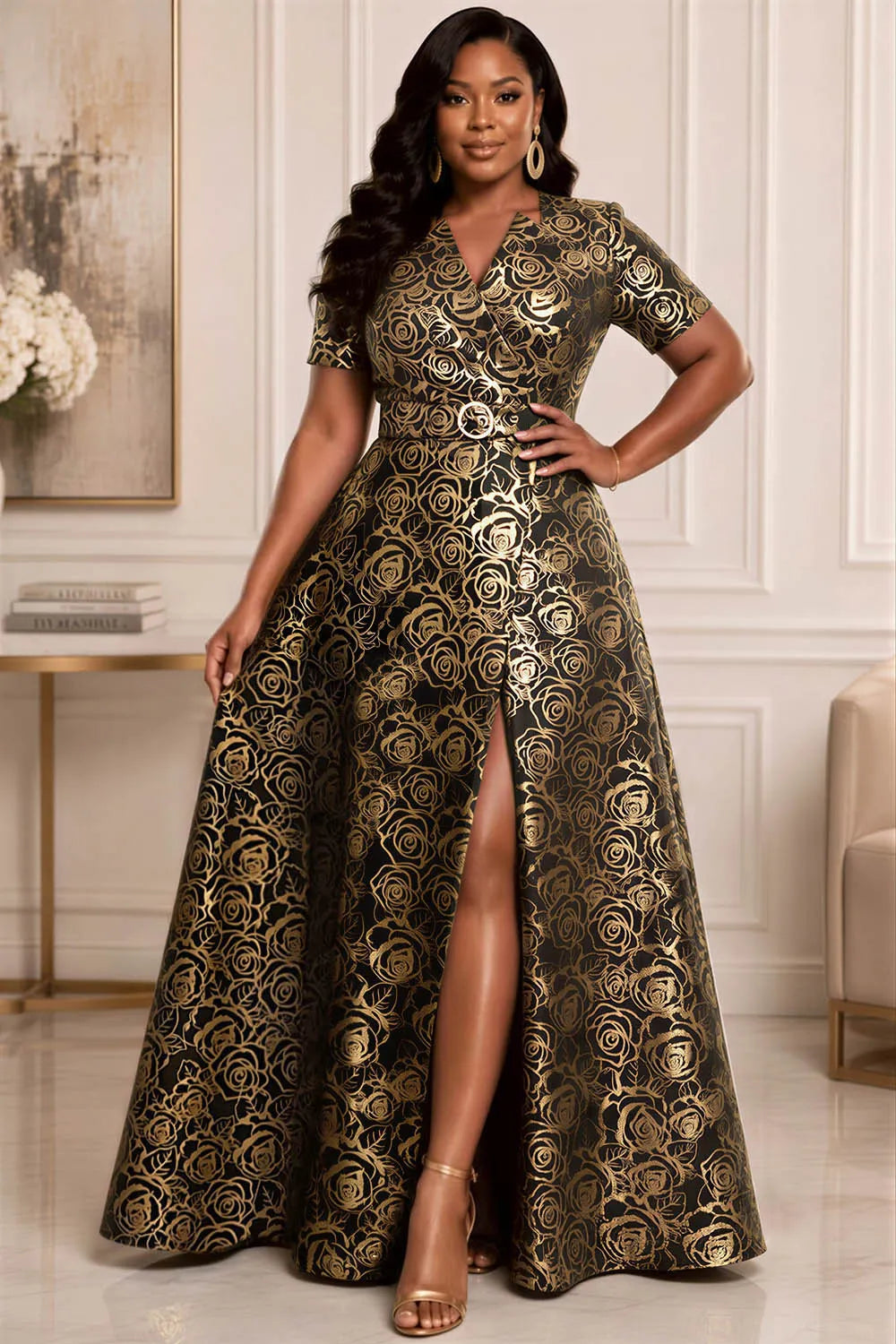 Gold Short Sleeve Pocket Split Satin Maxi Dresses [Pre-Order]