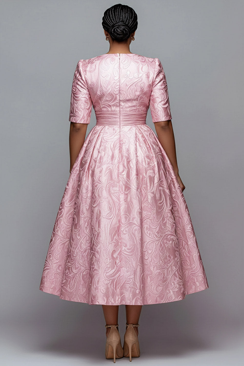 Cocktail Party Elegant Pink Round Neck Short Sleeve Pocket Midi Dresses