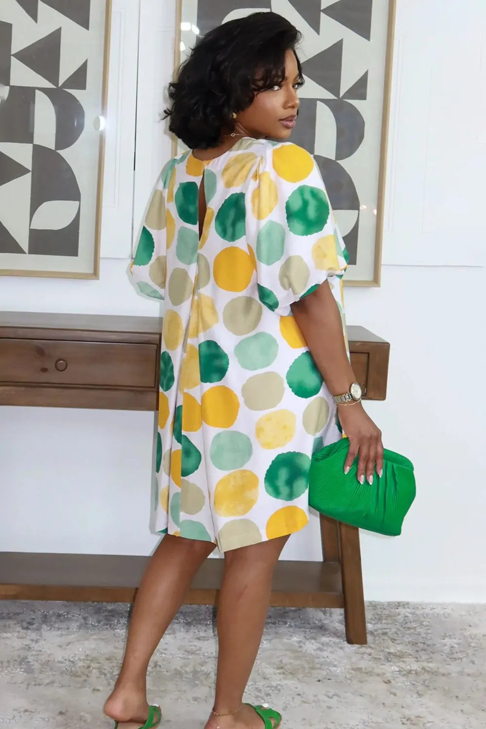 All Over Print Puff Sleeve Loose Fit Mini Dresses-Multicolor [Pre Order]