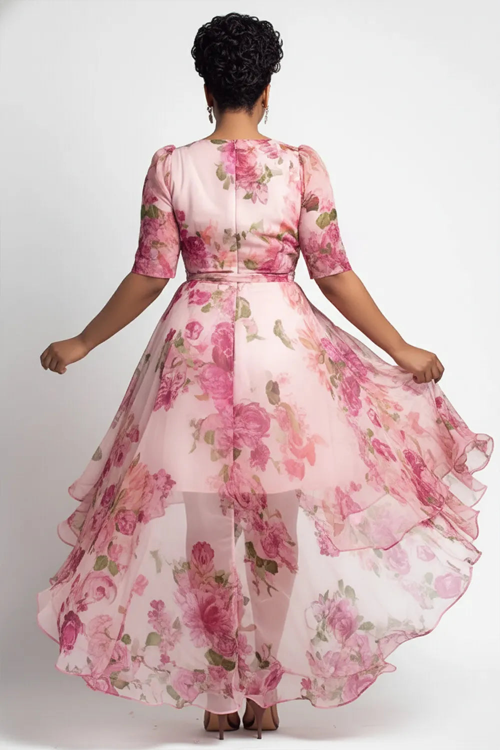 Party Pink Floral Wrap Neck Short Sleeve High Low Hem Ruffle Chiffon Mini Dresses