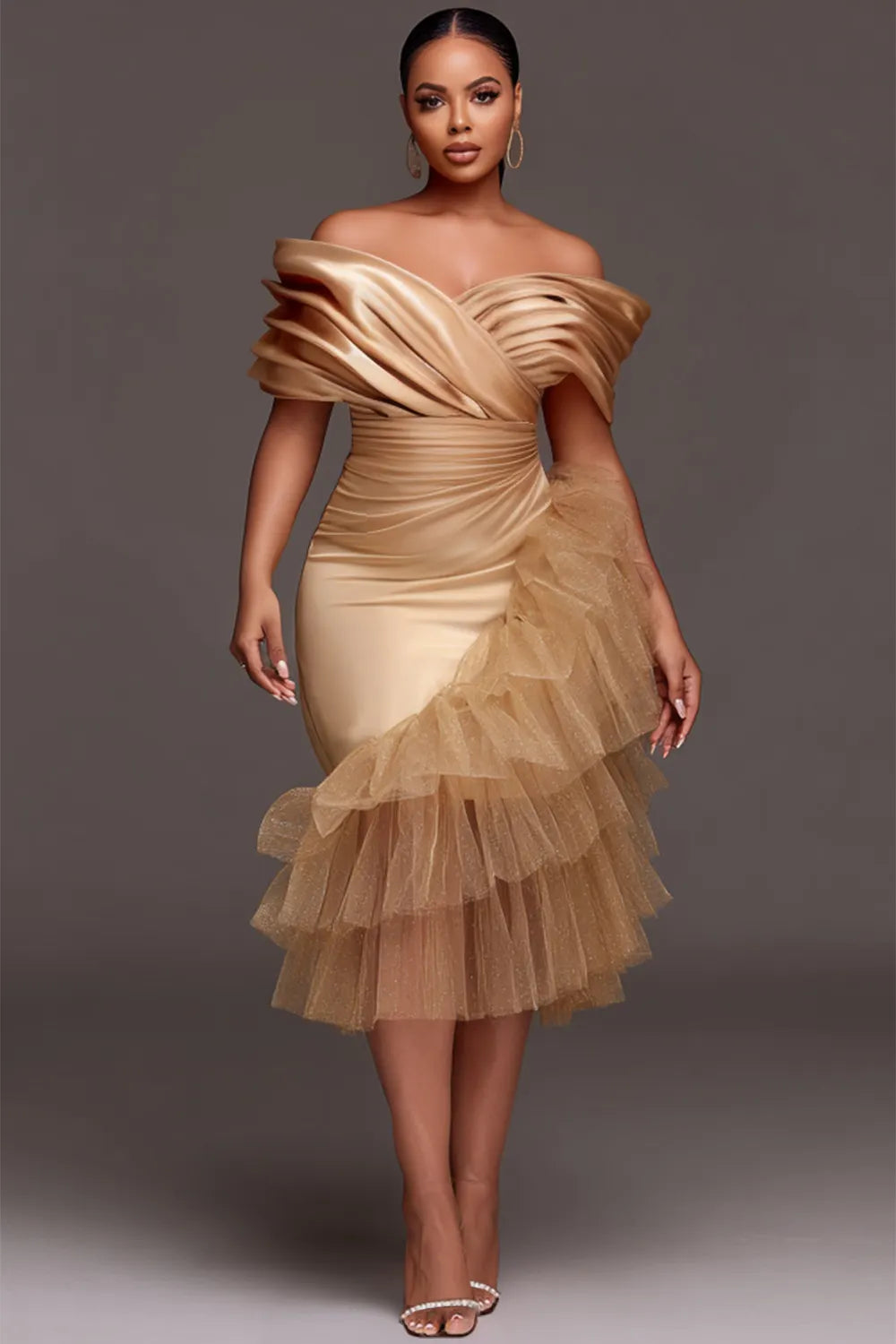 Wedding Guest Tulle Champagne Off The Shoulder Ruffle Elegant Contrast Satin Midi Dresses