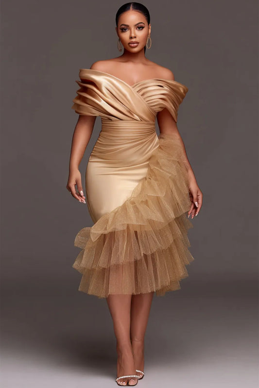 Wedding Guest Tulle Champagne Off The Shoulder Ruffle Elegant Contrast Satin Midi Dresses