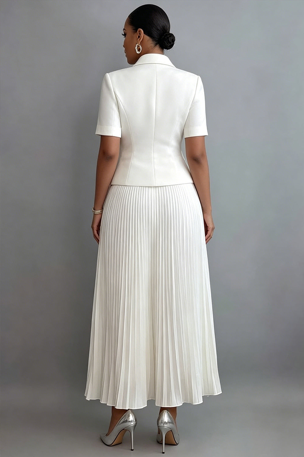 Chiffon White Turndown Collar Short Sleeve Pleated Pocket Satin Two Piece Skirt Sets