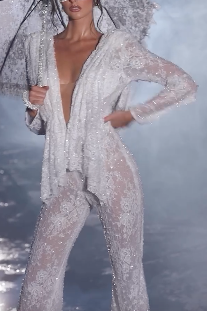 White Beaded Lace Sheer Wide-Leg Jumpsuit