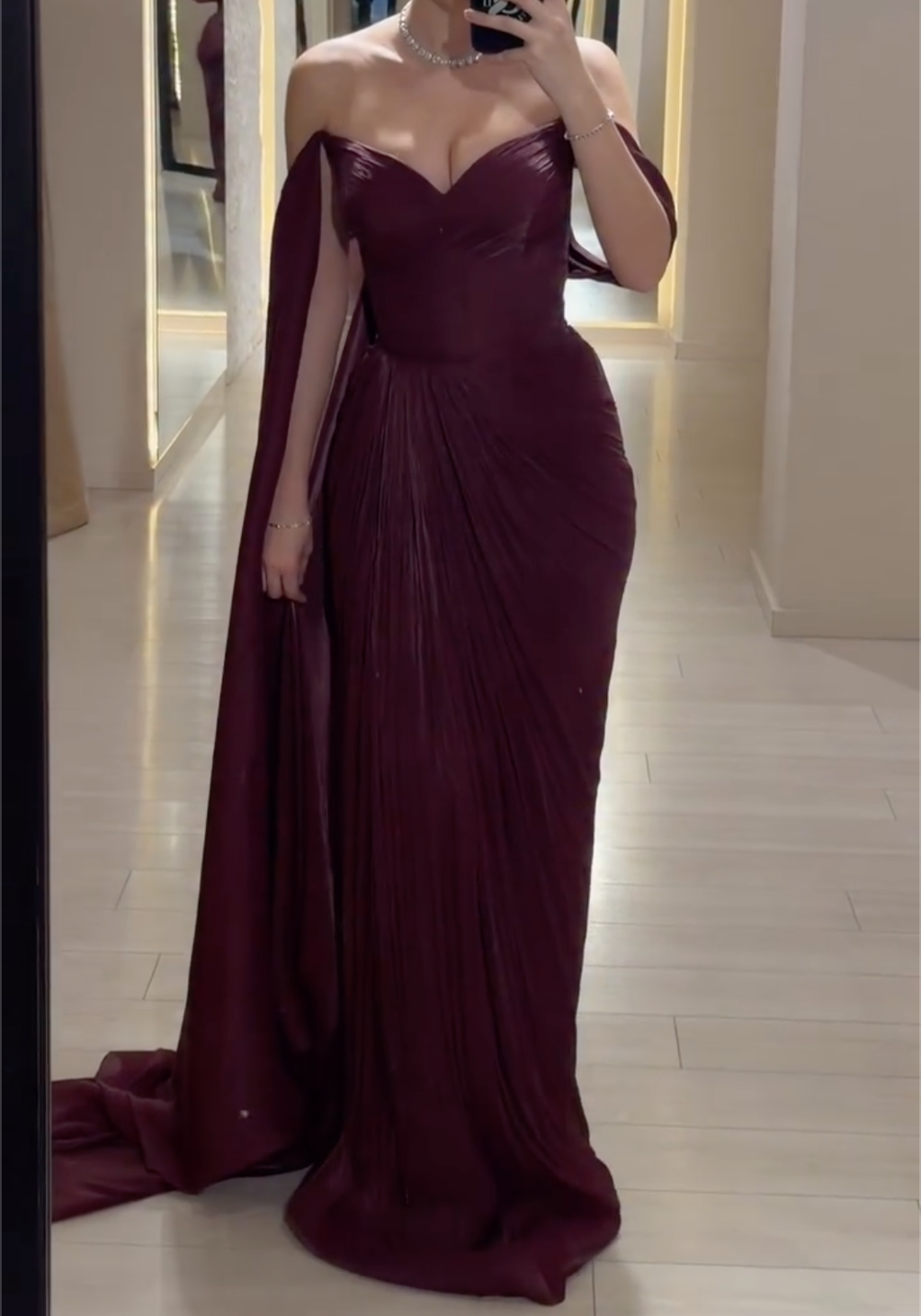 Burgundy Off-the-Shoulder Pleated Maxi Dress - Sweetheart Neck Formal Evening Gown with Cape