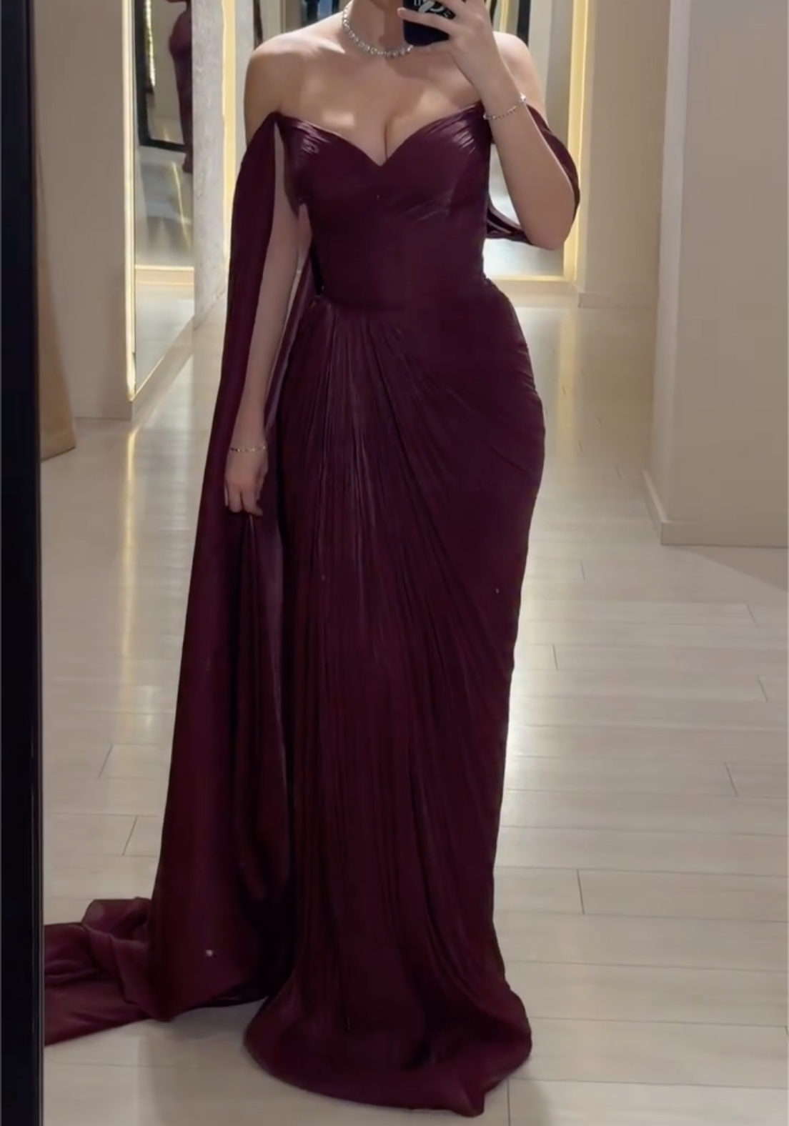 Burgundy Off-the-Shoulder Pleated Maxi Dress - Sweetheart Neck Formal Evening Gown with Cape