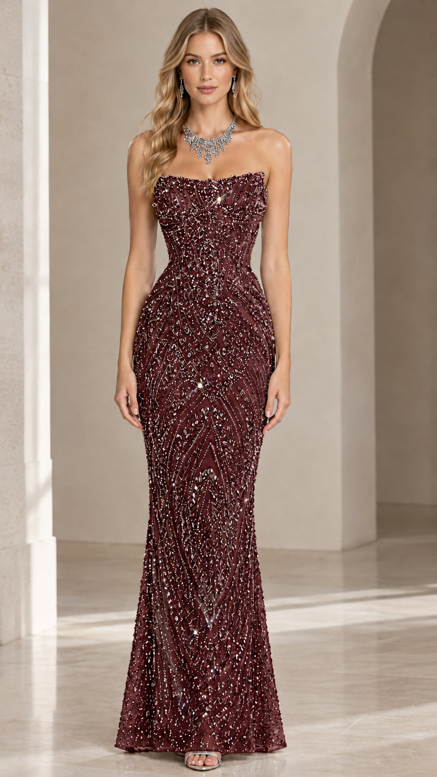 Strapless Beaded Sequin Mermaid Evening Gown