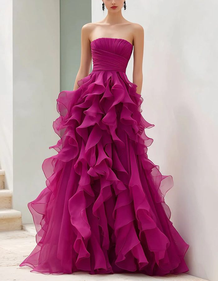 Rose Red Chiffon Strapless Tiered Maxi Dress