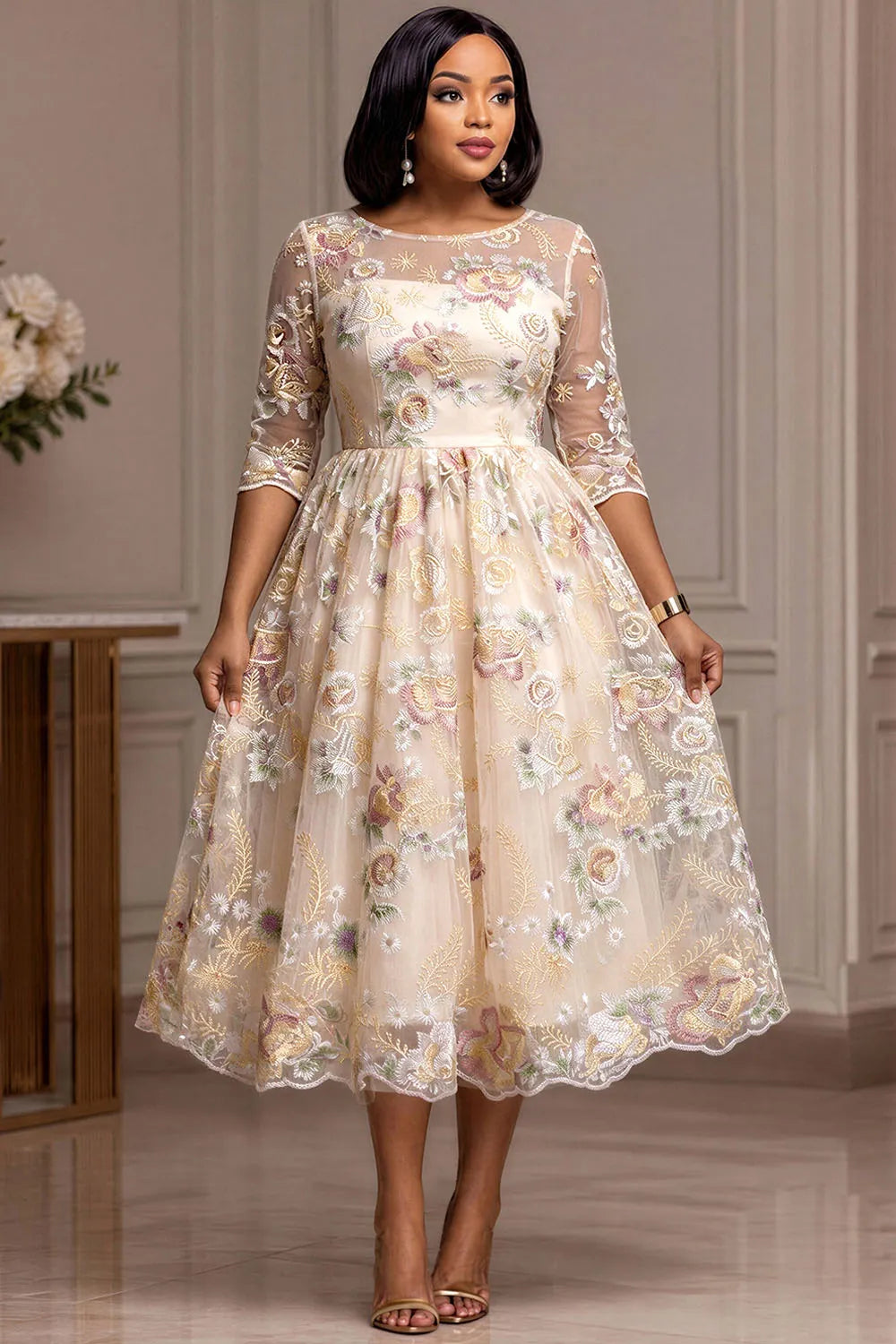 Cocktail Party Champagne Round Neck Half Sleeve Embroidery See Through Guipure Lace Midi Dresses