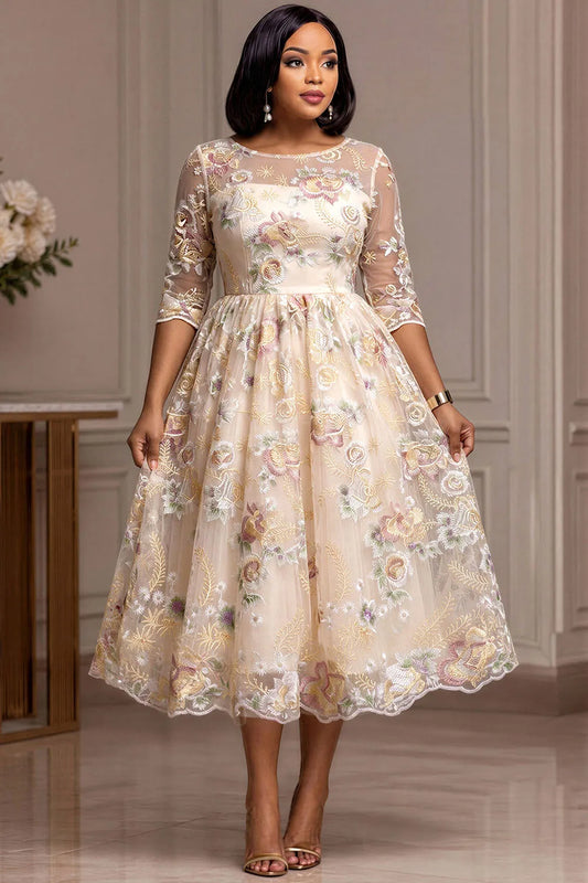 Cocktail Party Champagne Round Neck Half Sleeve Embroidery See Through Guipure Lace Midi Dresses