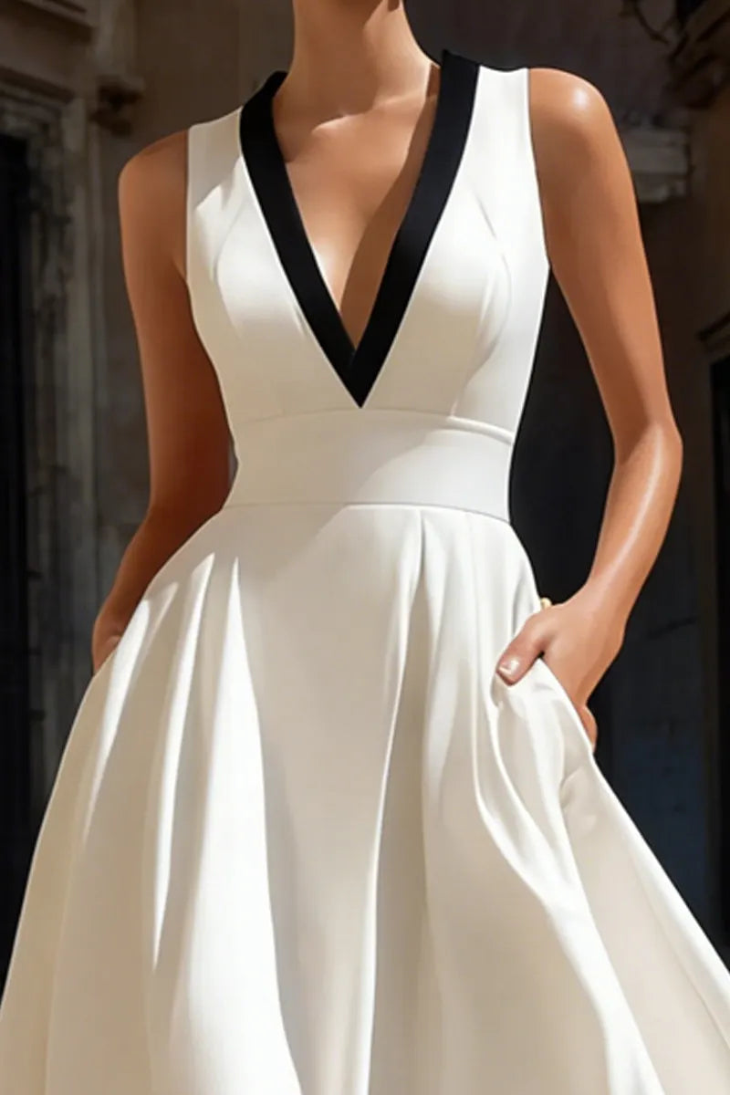 Ladies' Elegant Contrasting V-Neck Mid Length Dress