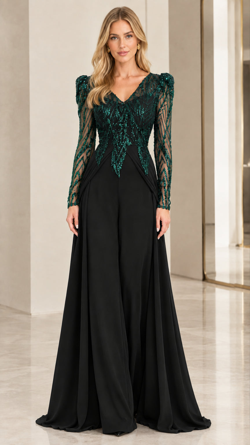 Sequin Beaded Long Sleeve V-Neck Wide-Leg Formal Evening Jumpsuit