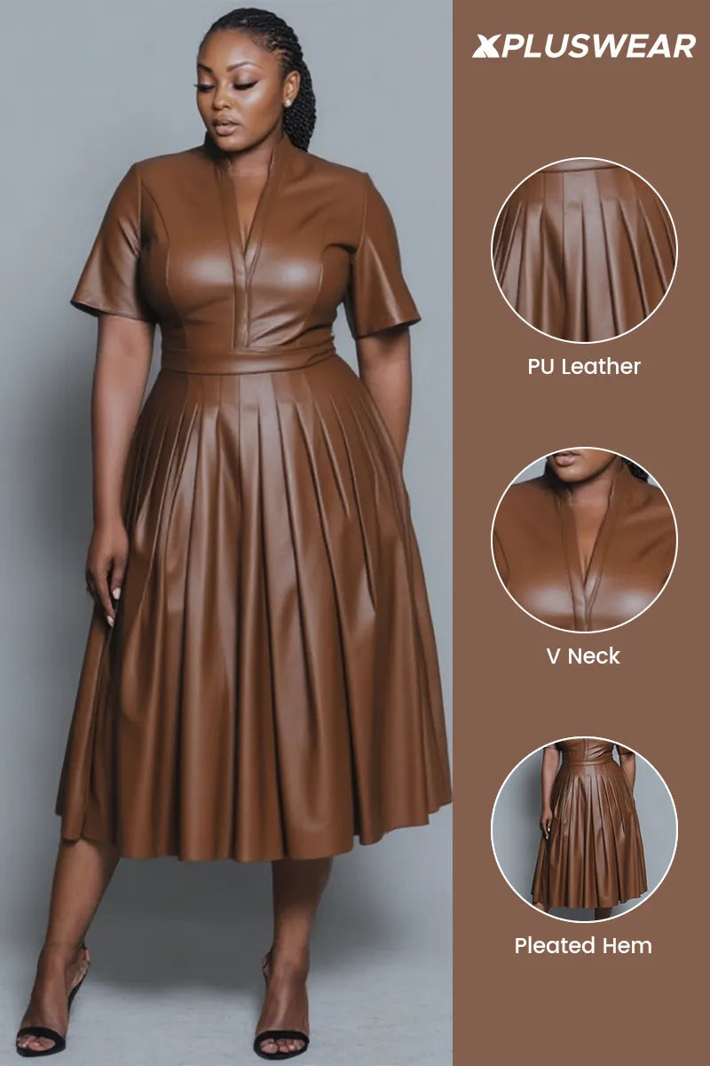 Business Casual Brown V Neck Short Sleeve Pleated Elegant PU Leather Midi Dresses