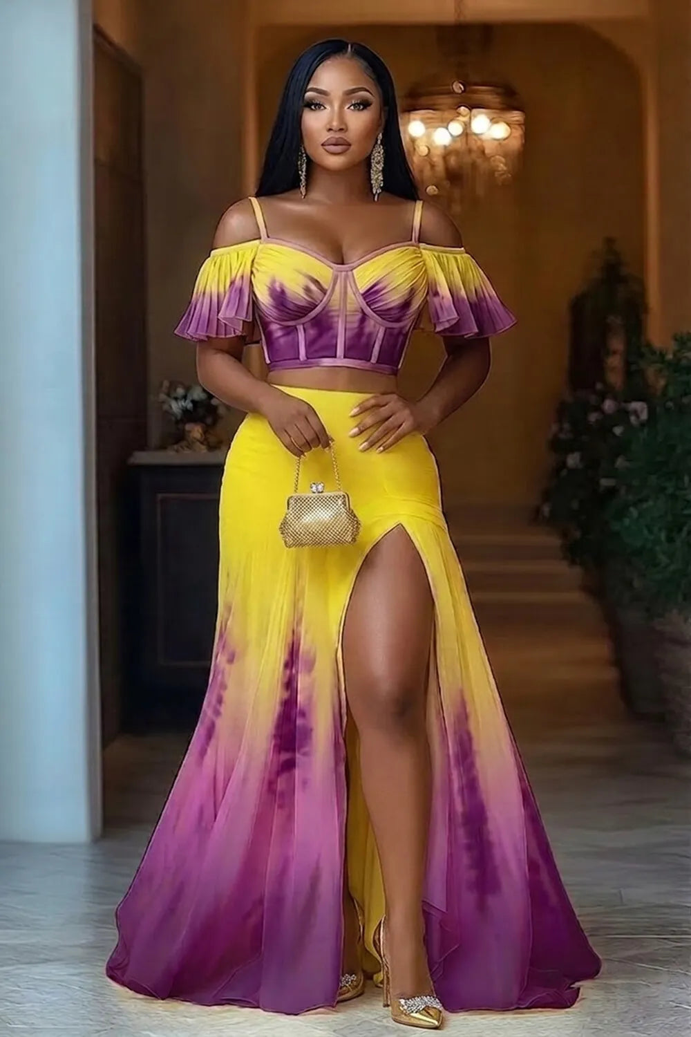 Gradient Corset Top High Slit Maxi Skirt 2pcs Set-Multicolor [Pre Order]