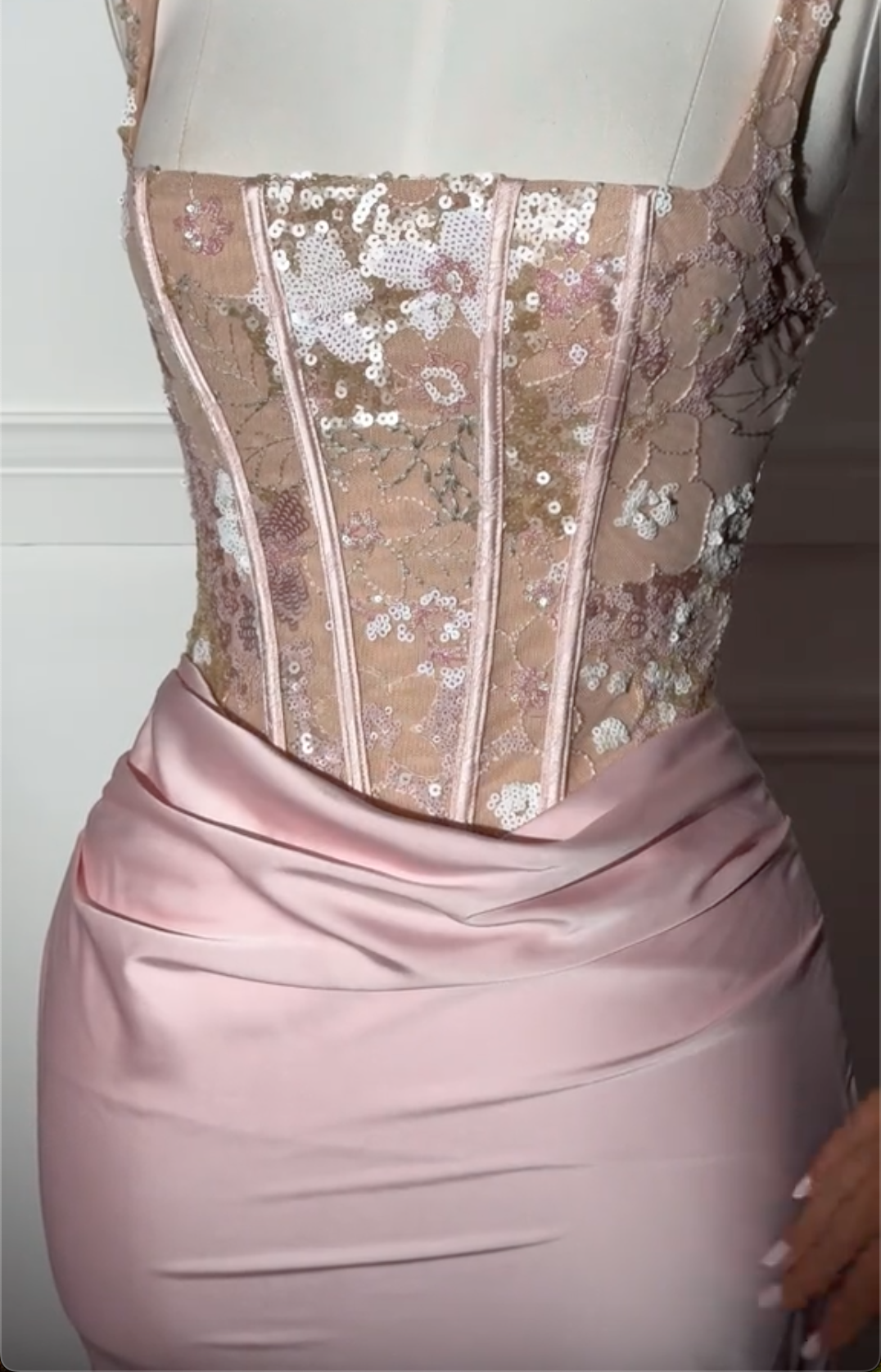 Pink Floral Sequin Corset Mini Dress with Satin Ruched Skirt & Lace-Up Back