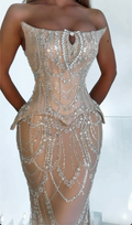 Silver Nude Strapless Beaded Mermaid Maxi Dress