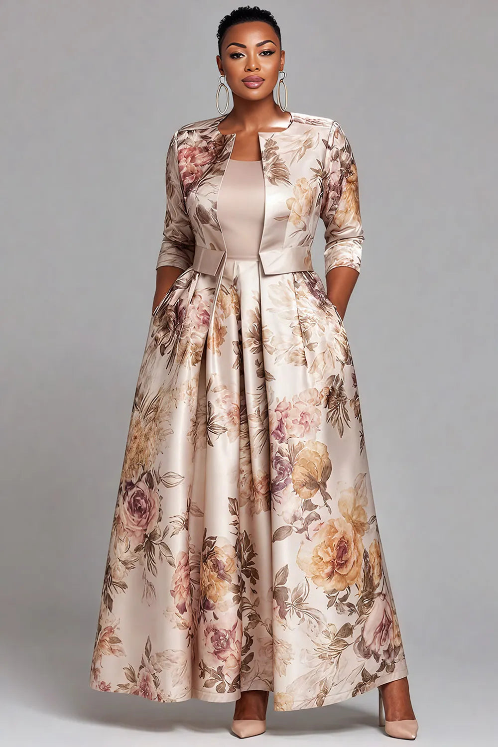 Champagne Floral 3/4 Sleeve Pocket Elegant Pleated Satin Two Piece Skirt Sets
