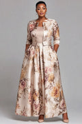Champagne Floral 3/4 Sleeve Pocket Elegant Pleated Satin Two Piece Skirt Sets