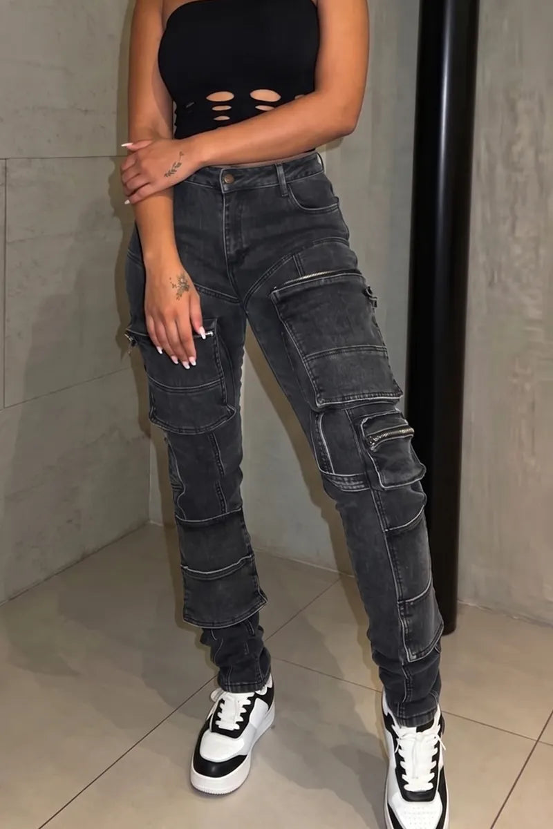 Women's Y2k Zipper Multi Pocket Jogger Jeans