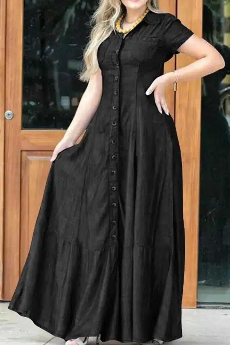 Women Shirt Collar Pocket Flared Casual Denim Dress