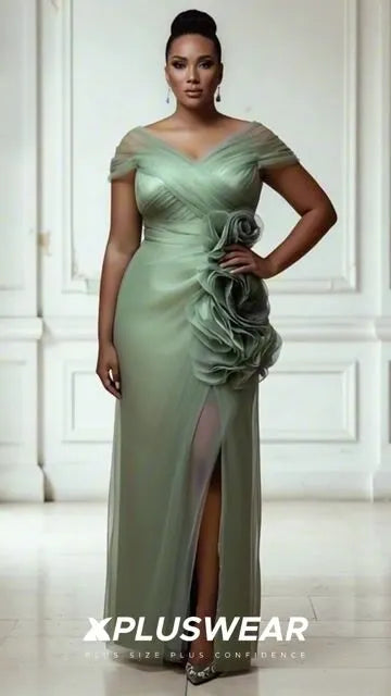 Mother Of The Bride Satin Sage Green Wrap Neck Short Sleeve 3D Split Tulle Maxi Dresses