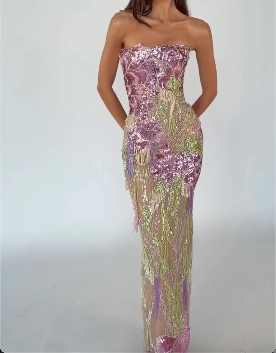 Pink‐Purple Floral Sequin Tassel Strapless Mermaid Maxi Evening Gown, Formal Dress for Prom Pageant Gala Wedding Guest Red‐Carpet Party