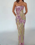 Pink‐Purple Floral Sequin Tassel Strapless Mermaid Maxi Evening Gown, Formal Dress for Prom Pageant Gala Wedding Guest Red‐Carpet Party