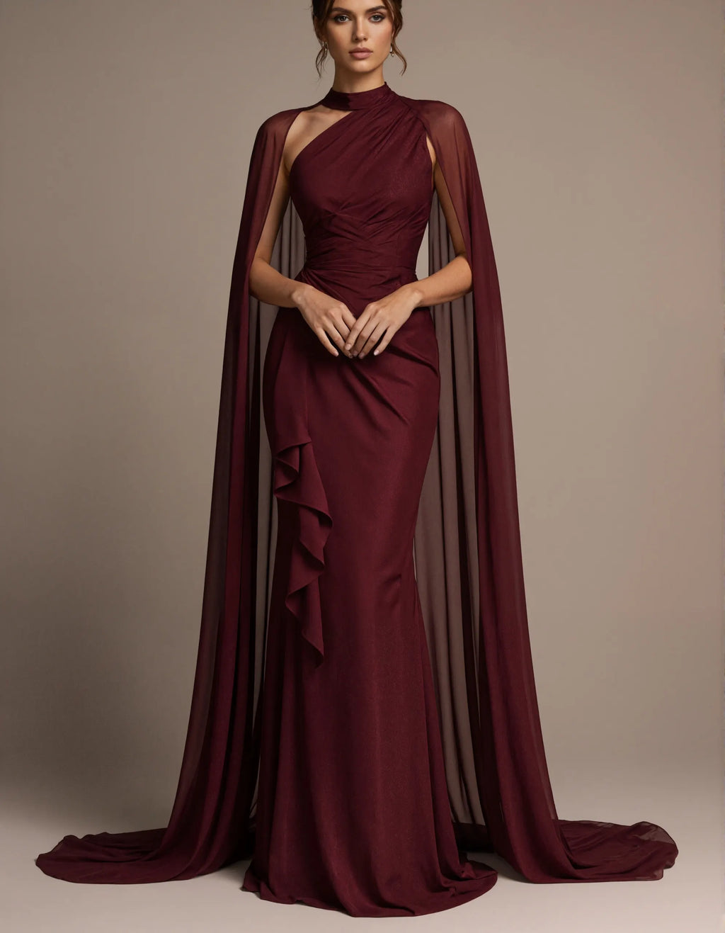 Burgundy High Neck Shawl Sleeve Chiffon Satin Maxi Dress